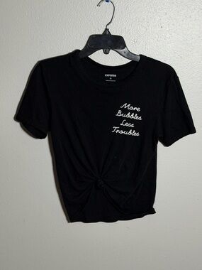 Express Women's Black Knot Front Graphic Tee "More Bubbles Less Troubles" XS